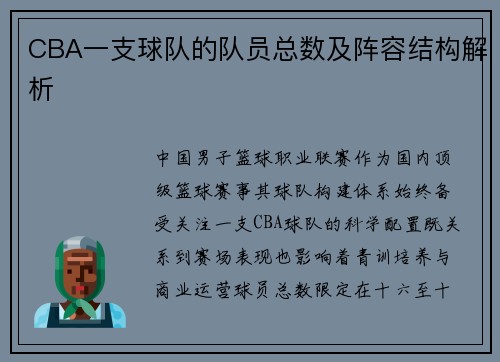 CBA一支球队的队员总数及阵容结构解析